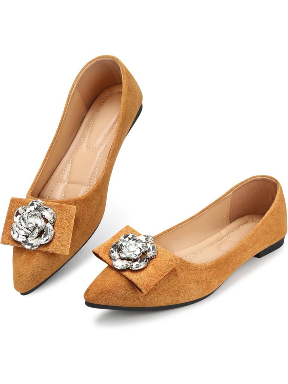 Women's 05-Brown Pointed Toe Pearl Flats Comfort Non Slip Soft Sole Office Shoes